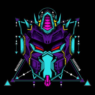 Siyah arkaplanda geometrik desenli siber maske, t-shirt veya logo için kullanılabilir