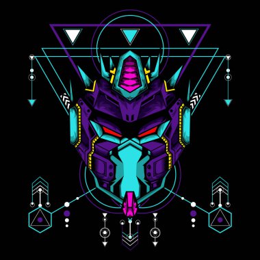 Siyah arkaplanda geometrik desenli siber maske, t-shirt veya logo için kullanılabilir