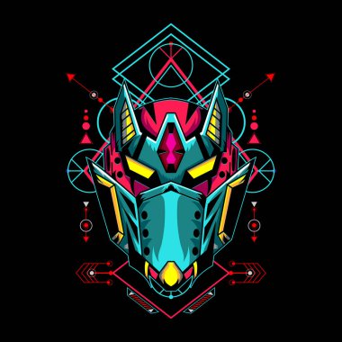 Esport oyun logosu veya maskotu için kutsal geometri desenli Mecha maskesi, siber punk maskesi.
