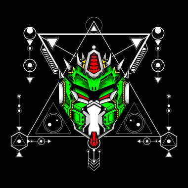 Esport oyun logosu veya maskotu için kutsal geometri desenli Mecha kafası