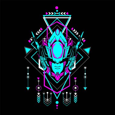 Tişört tasarımı ve daha fazlası için kutsal geometrik çerçeveli Mecha Head kullanılabilir