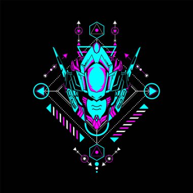 Tişört tasarımı ve daha fazlası için kutsal geometrik çerçeveli Mecha Head kullanılabilir