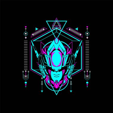 Tişört tasarımı ve daha fazlası için kutsal geometrik çerçeveli Mecha Head kullanılabilir