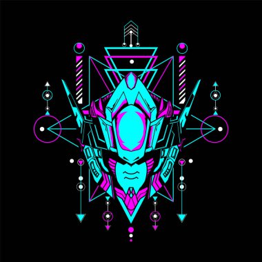 Tişört tasarımı ve daha fazlası için kutsal geometrik çerçeveli Mecha Head kullanılabilir