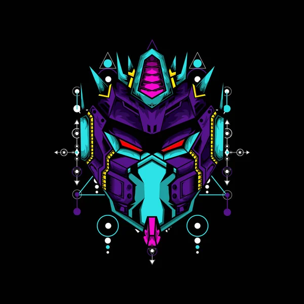 Siyah arkaplanda geometrik desenli Mecha maskesi t-shirt veya logo için kullanılabilir