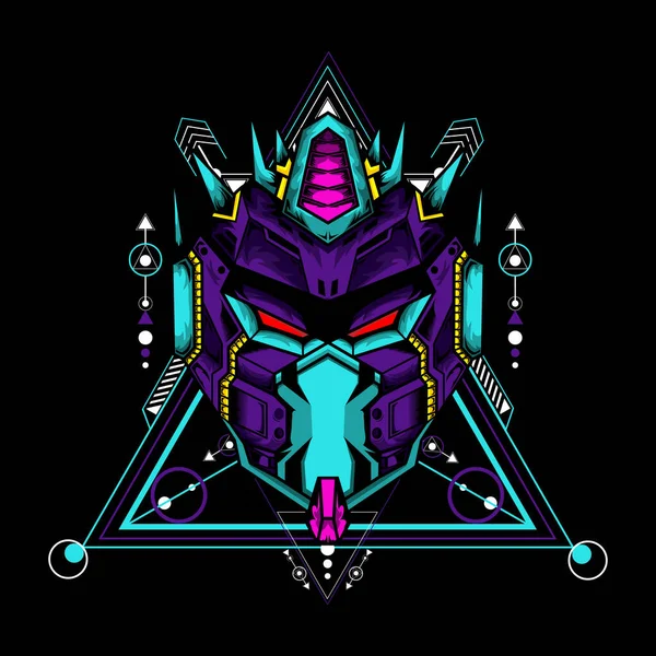 Siyah arkaplanda geometrik desenli Mecha maskesi t-shirt veya logo için kullanılabilir