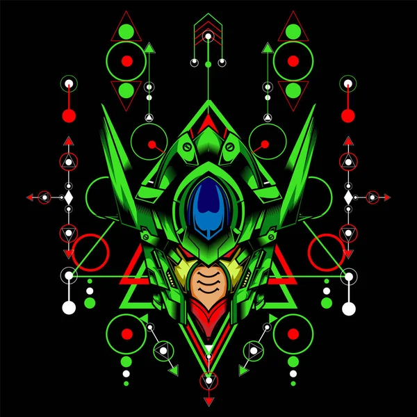 神聖な幾何学的背景を持つ緑のロボット — ストックベクタ