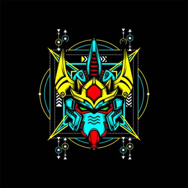 Kutsal geometri ve neon renkli Mecha Head, maskot logosu, oyun logosu, tişört ve daha fazlası için kullanılabilir.