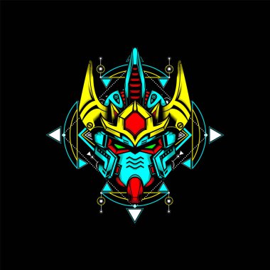 Kutsal geometri ve neon renkli Mecha Head, maskot logosu, oyun logosu, tişört ve daha fazlası için kullanılabilir.