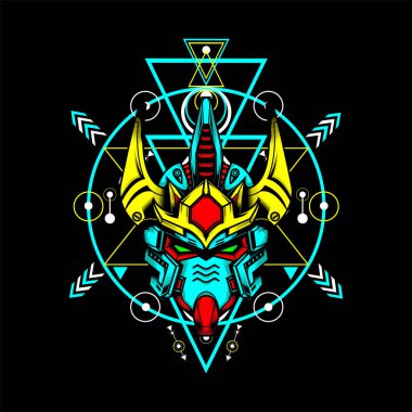 Kutsal geometri ve neon renkli Gundam Head, maskot logosu, oyun logosu, tişört ve daha fazlası için kullanılabilir.