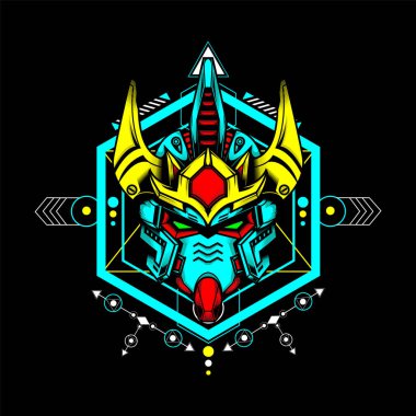 Kutsal geometri ve neon renkli Gundam Head, maskot logosu, oyun logosu, tişört ve daha fazlası için kullanılabilir.