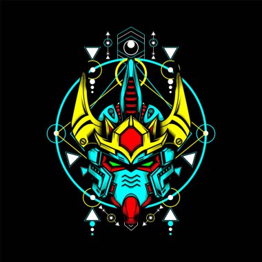 Kutsal geometri ve neon renkli Gundam Head, maskot logosu, oyun logosu, tişört ve daha fazlası için kullanılabilir.