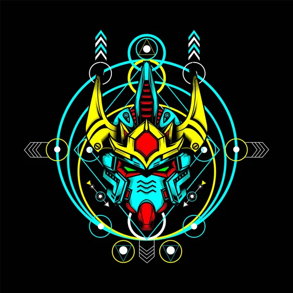 Gundam头与神圣的几何形状和霓虹灯色 可用于吉祥物标志 游戏标志 T恤等 — 图库矢量图片