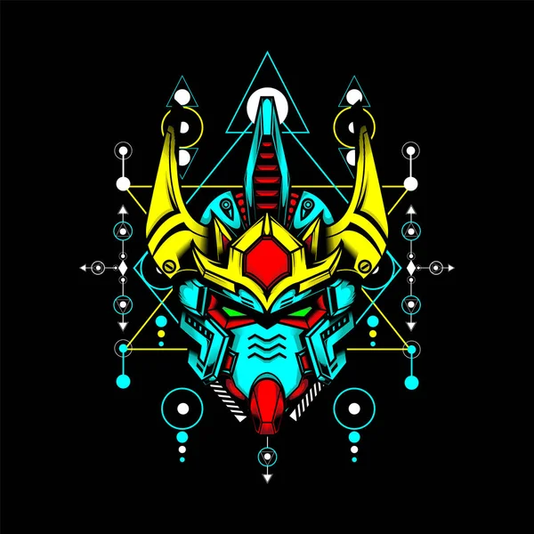 Gundam头与神圣的几何形状和霓虹灯色 可用于吉祥物标志 游戏标志 T恤等 — 图库矢量图片