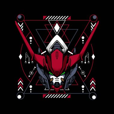 Kutsal geometri çerçeveli dev robot kafası çizimi poster, resim baskısı ve tişört tasarımı için kullanılabilir