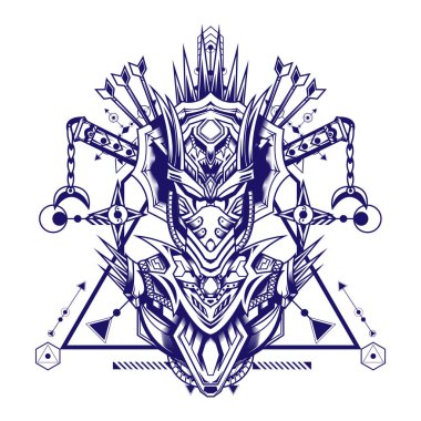 Beyaz arka planda kutsal geometriye sahip Mecha Geyşa İllüstrasyonu logo ve oyun logosu için kullanılabilir