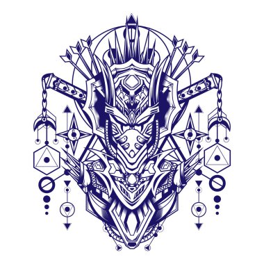 Beyaz arka planda kutsal geometriye sahip Mecha Geyşa İllüstrasyonu logo ve oyun logosu için kullanılabilir