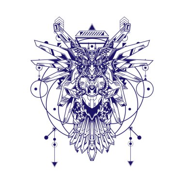 Kutsal geometriye sahip robot baykuş resimleri t-shirt tasarımı ve spor logosu için kullanılabilir