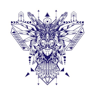 Kutsal geometriye sahip robot baykuş resimleri t-shirt tasarımı ve spor logosu için kullanılabilir