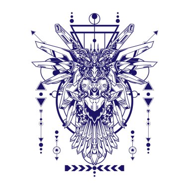 Kutsal geometriye sahip robot baykuş resimleri t-shirt tasarımı ve spor logosu için kullanılabilir