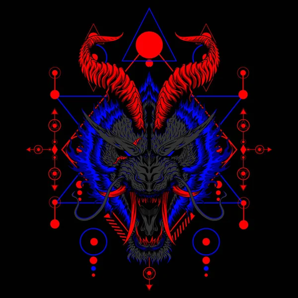 Logotipo Mascota Del Tigre Del Diablo Con Fondo Negro Geometría —  Fotos de Stock