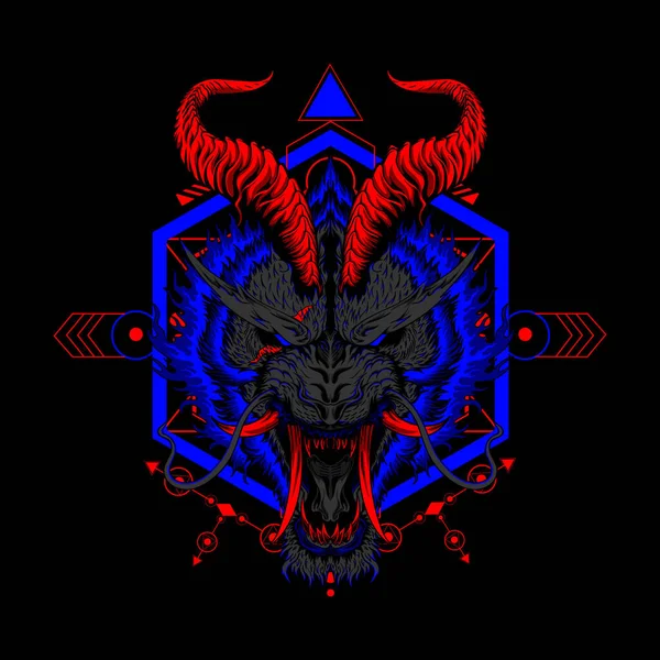 Devil Tiger Mascote Logo Com Geometria Sagrada Fundo Preto Pode — Fotografia de Stock