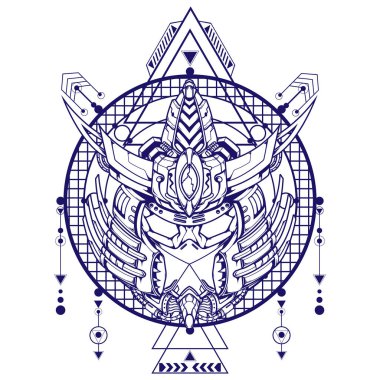 Mecha Samuray Illustration kutsal geometri beyaz arka plan maskot logosu için kullanılabilir