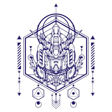 Yapıştırma ve poster tasarımı için kutsal geometriye sahip dev robot kafası çizimi kullanılabilir