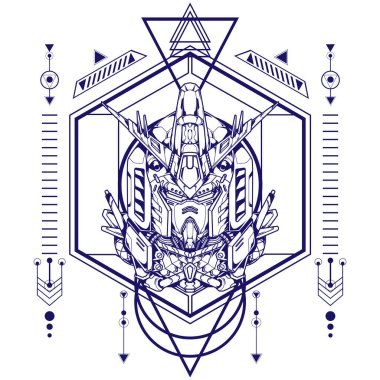 Yapıştırma ve poster tasarımı için kutsal geometriye sahip dev robot kafası çizimi kullanılabilir