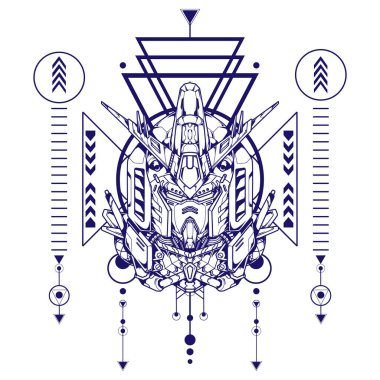 Yapıştırma ve poster tasarımı için kutsal geometriye sahip dev robot kafası çizimi kullanılabilir