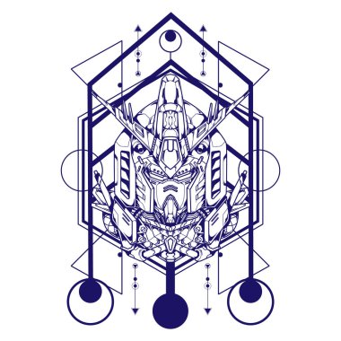Yapıştırma ve poster tasarımı için kutsal geometriye sahip dev robot kafası çizimi kullanılabilir