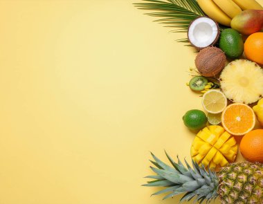 Palmiye yapraklı sarı bir yüzey üzerinde muz, portakal ve limon içeren egzotik yaz meyveleri. Tatil, diyet ve sağlıklı beslenme kavramı.