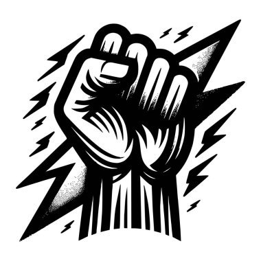 Güçlü, enerji, kararlılık ve gücü temsil eden cesur yıldırımlarla sıkılmış yumruğun dinamik siyah ve beyaz vektör çizimi