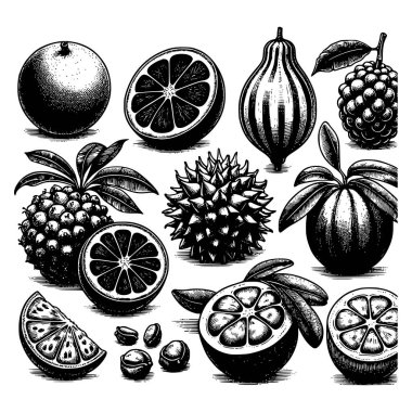 Klasik oyma tarzında egzotik tropikal meyve koleksiyonu. Ananas, durian, mangosteen, orange, guava ve diğer tropikal çeşitleri içerir.