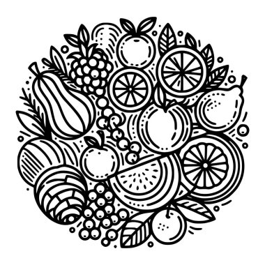 A collection of fresh fruits like apples and pears, drawn in a clean, black and white outline style. A modern vector illustration for healthy food themes