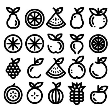 Collection of various fruit icons in bold outline style. Includes pear, orange, watermelon, apple, grape, pineapple, and tropical fruit illustrations