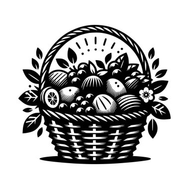 Black and white vector illustration of a fruit basket in bold woodcut style. Includes assorted fruits such as citrus, coconut, and berries surrounded by leaves and flowers