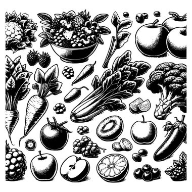 Detailed black and white vector illustration featuring a large collection of fresh fruits, vegetables, and berries. Includes apples, carrots, broccoli, celery, kiwi, citrus, tomatoes, spinach, grapes, and more