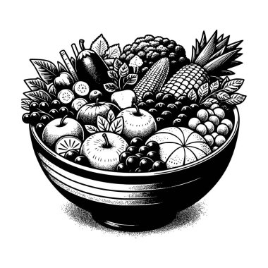 Black and white vintage-style vector illustration of a bowl filled with assorted fruits, vegetables, and berries. Includes apples, corn, pineapple, eggplant, broccoli, and leafy greens, all drawn with detailed stippling and engraving textures