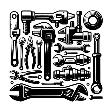 Vector illustration of various plumbing and mechanic tools in vintage black and white style. Includes wrench, pliers, pipe cutter, bolts, fittings, and adjustable spanner. Perfect for construction, repair service, mechanic workshop, plumbing maintena