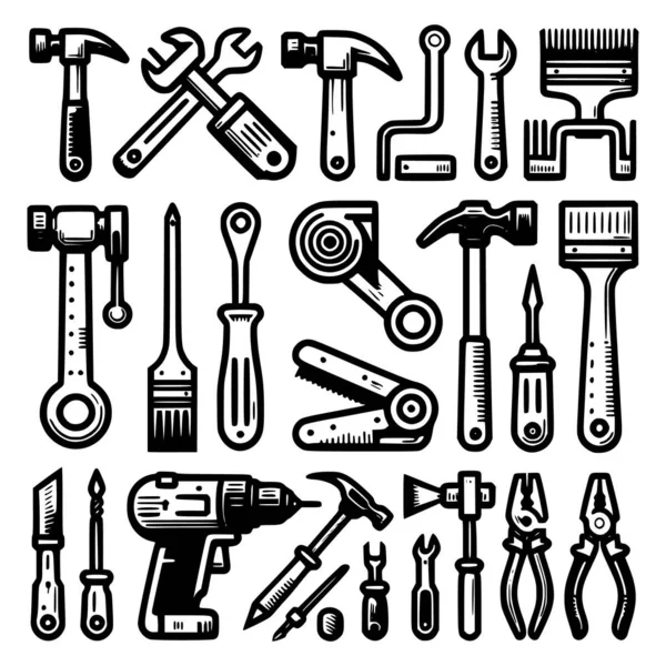 Collection of hand tools line icons in bold black and white style. Includes hammer, wrench, screwdriver, drill, pliers, saw, brush, and other workshop equipment. Perfect for construction, mechanic, engineering, repair service, carpentry, or DIY proje