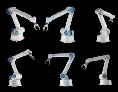 Siyah arka planda çeşitli pozisyonlarda 3 boyutlu gerçekçi robotik kollar koleksiyonu. Otomasyon, imalat ve bilim kurgu teknolojilerinde kullanılan gelecekçi endüstriyel robot manipülatörleri. Metal eklemli modern beyaz mekanik kollar.