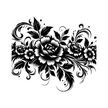 Çiçekler, yapraklar ve klasik süs tarzında dekoratif girdaplar içeren zarif siyah-beyaz çiçekli sınır vektörü. Davetiyeler, ambalaj tasarımı, tekstil desenleri ve klasik dekoratif projeler için mükemmel.