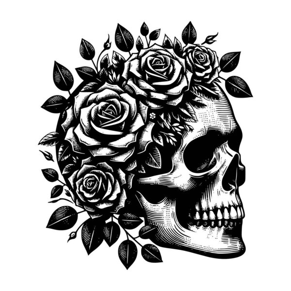 Детальная черно-белая гравировка в стиле иллюстрации человеческого черепа, украшенного цветущими розами и листьями. Произведение сочетает в себе готическую и ботаническую эстетику, идеально подходит для дизайна татуировок, отпечатков футболок, плакатов или художественных работ в винтажном стиле.