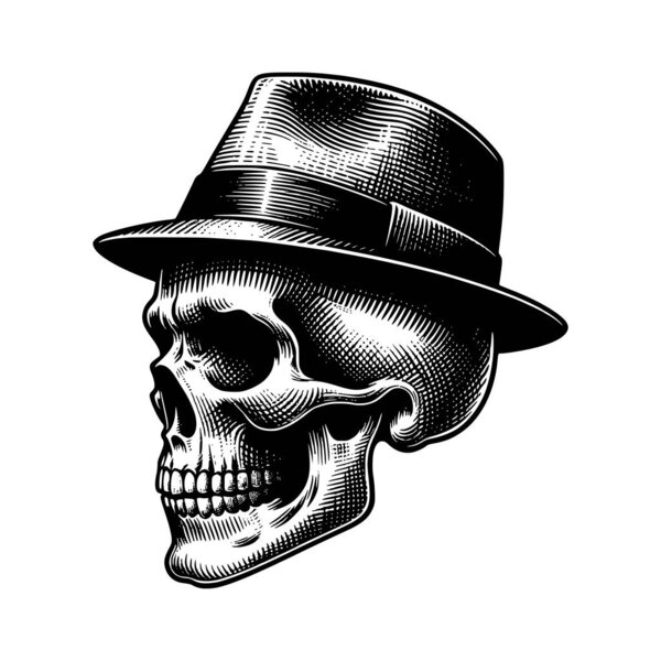 Черно-белая гравировка в стиле иллюстрации человеческого черепа в шляпе фетровой шляпы. Это детальное винтажное искусство сочетает в себе готическую и гангстерскую эстетику, вдохновлённую стилями нуар и татуировки. Идеально подходит для отпечатков футболок, плакатов темных искусств, винтажных 