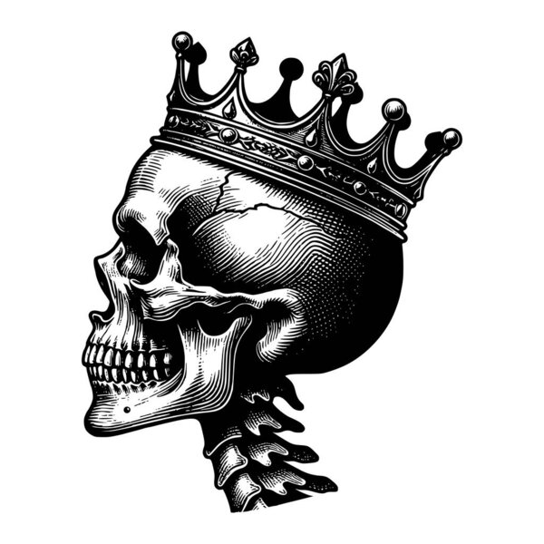 Детальная чёрно-белая гравировка, изображающая человеческий череп в королевской короне. Это старинное искусство сочетает в себе готическую и барочную эстетику, символизирующую власть, смерть и вечность. Перфект для тату-дизайна, принта, темного искусства.