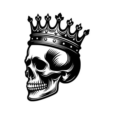 Çok detaylı, siyah ve beyaz bir kafatası tasviri dramatik bir yan profil içinde ayrıntılı, süslü bir taç takan bir insan kafatası. Sanat eserleri yüksek kontrastlı oymacılık ya da ahşap kesim tarzında yapılmıştır.