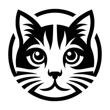 Temiz, dairesel bir vektör logosu veya tek renkli siyah beyaz bir dizaynda bir kedinin (kedinin) yüzünü gösteren amblem. Bu stil modern ve cüretkar, gözleri, bıyıkları ve tekir işaretleri tanımlamak için kalın, stilize hatlar kullanıyor.