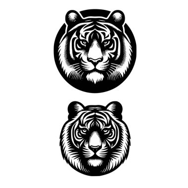 Güçlü maskotlar ya da logolar olarak tasarlanmış iki adet siyah beyaz kaplan başı portresi. Çizimler, kaplanın çizgilerini ve sert ifadesini tasvir etmek için keskin çizgili kalın bir ahşap oyma tarzı kullanıyor.