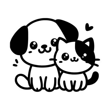 Arkadaş canlısı bir karikatür köpeği ve benekli bir kedi yavrusunun küçük bir kalple yan yana oturması, dostluğu ve arkadaşlığı sembolize ediyor.